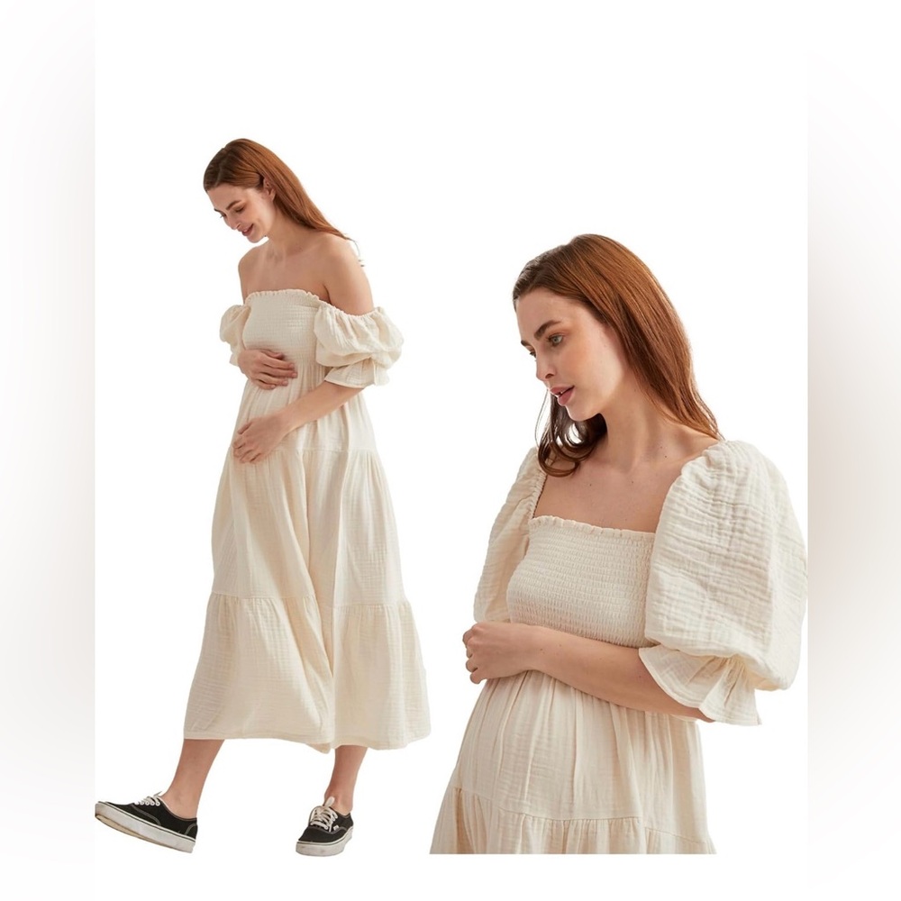 🤍 Nothing Fits But Dress – Cream Smocked Puff Sleeve Tiered Midi Dress (M)